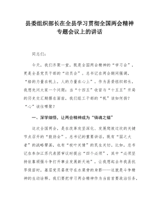 县委组织部长在全县学习贯彻全国两会精神专题会议上的讲话.docx