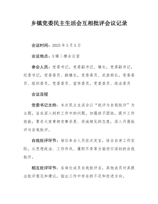 乡镇党委民主SH会互相批评会议记录.docx