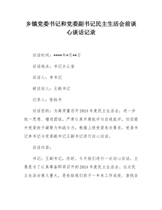 乡镇党委书记和党委副书记民主SH会前谈心谈话记录.docx