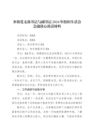 乡镇街道党支部书记与副书记2024年组织生活会会前谈心谈话材料.docx
