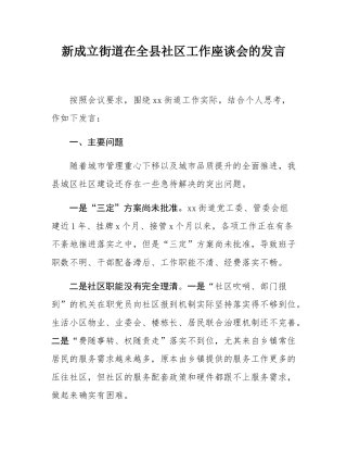 新成立街道在全县社区工作座谈会的发言.docx
