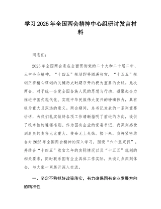 学习2025年全国两会精神中心组研讨发言材料.docx