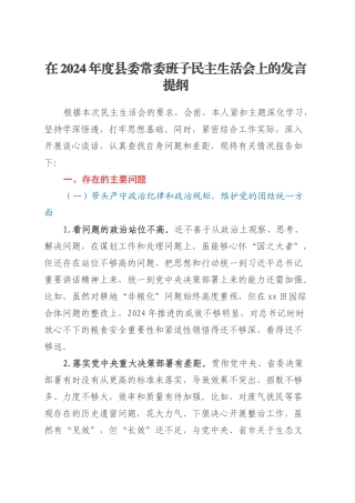 在2024年度县委常委班子民主生活会上的发言提纲（四个带头+反面典型案例举一反三剖析）20250305.docx