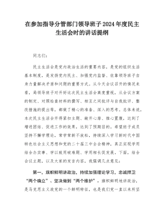 在参加指导分管部门领导班子2024年度民主SH会时的讲话提纲.docx