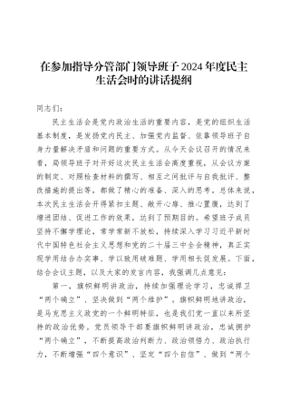 在参加指导分管部门领导班子2024年度民主生活会时的讲话提纲.docx