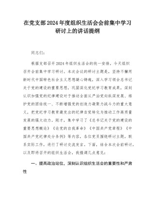 在党支部2024年度组织SH会会前集中学习研讨上的讲话提纲.docx