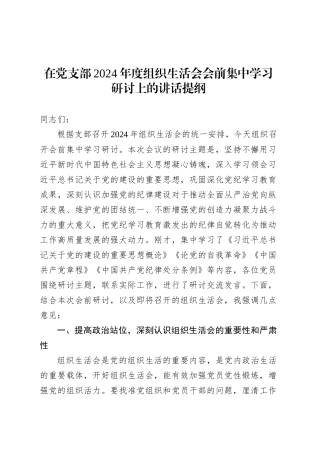在党支部2024年度组织生活会会前集中学习研讨上的讲话提纲.docx
