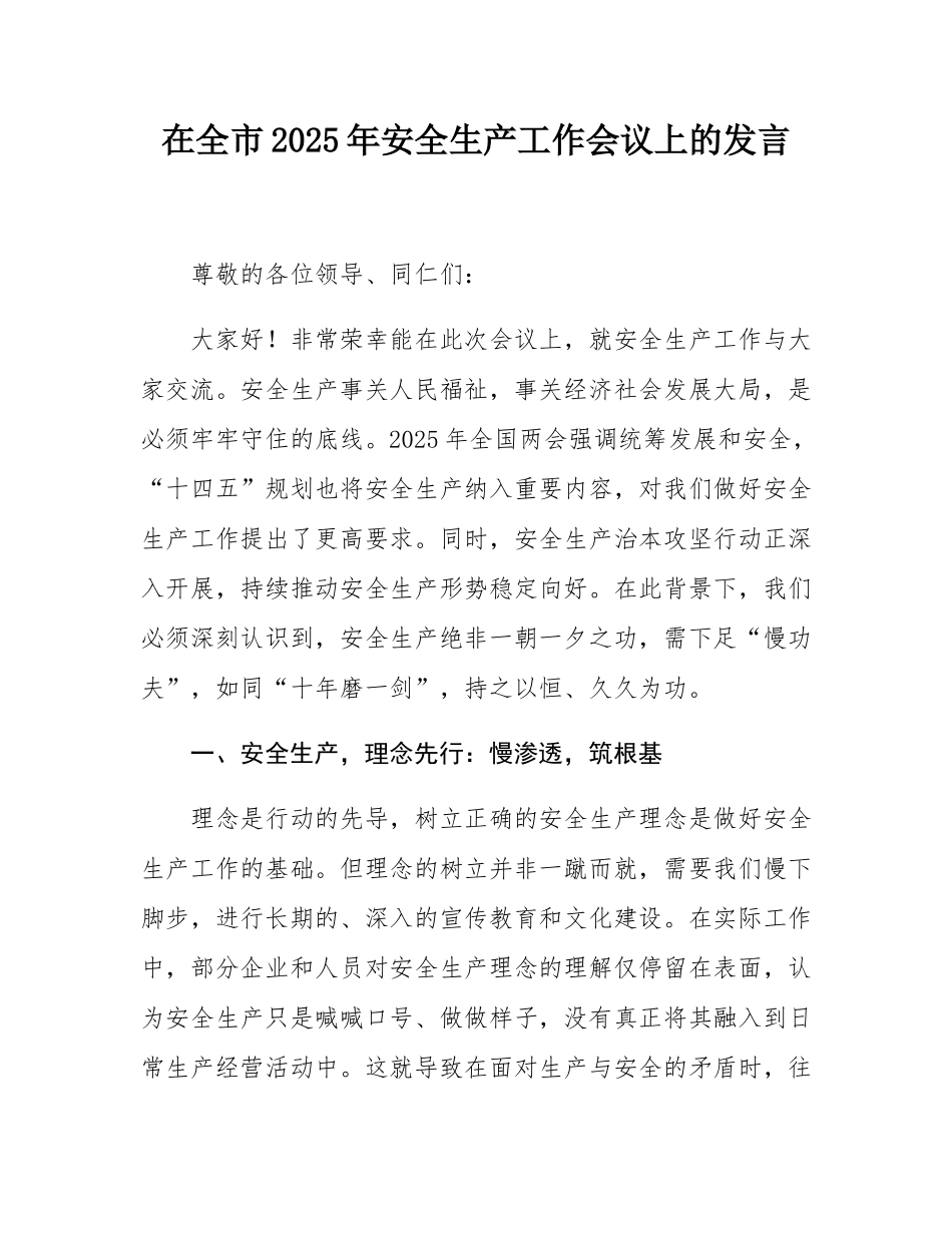 在全市2025年安全生产工作会议上的发言.docx_第1页