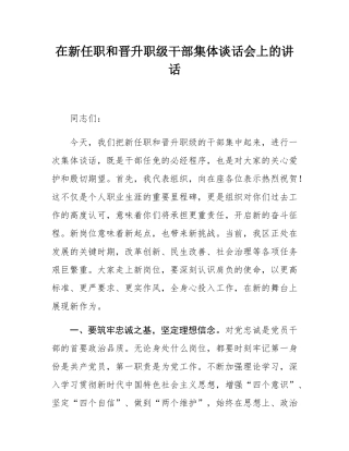 在新任职和晋升职级干部集体谈话会上的讲话.docx