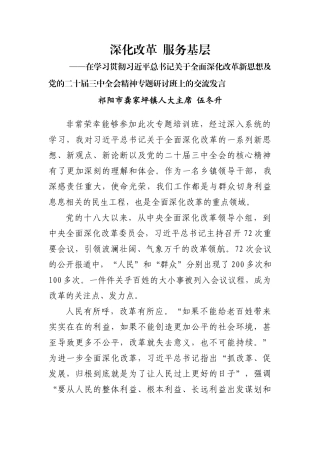 在学习贯彻习近平总书记关于全面深化改革新思想及党的二十届三中全会精神专题研讨班上的交流发言.docx