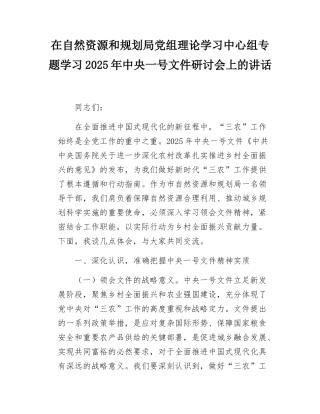 在自然资源和规划局党组理论学习中心组专题学习2025年中央一号文件研讨会上的讲话.docx