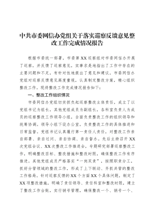 中共市委网信办党组关于落实巡察反馈意见整改工作完成情况报告.docx