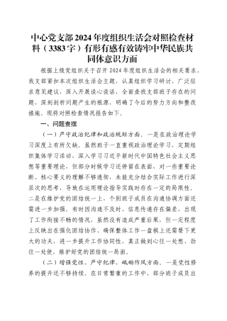中心党支部2024年度组织生活会对照检查材料（3383字）有形有感有效铸牢中华民族共同体意识方面.docx