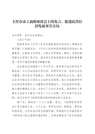 主任在市工商联座谈会上的发言：促进民营经济发展事关全局.docx