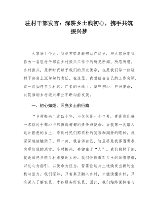驻村干部发言：深耕乡土践初心，携手共筑振兴梦.docx