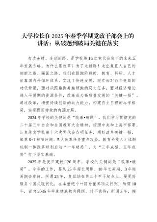 大学校长在2025年春季学期党政干部会上的讲话：从破题到破局关键在落实.docx