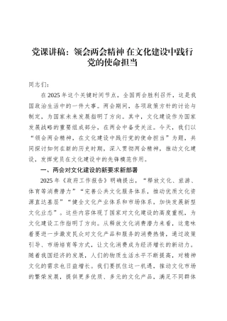 党课：领会两会精神 在文化建设中践行党的使命担当.docx