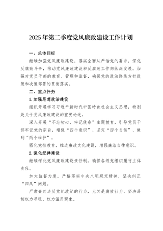 2025年第二季度党风廉政建设工作计划.docx