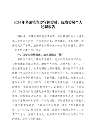 2024年乡镇街道镇党委宣传委员、统战委员个人述职报告.docx