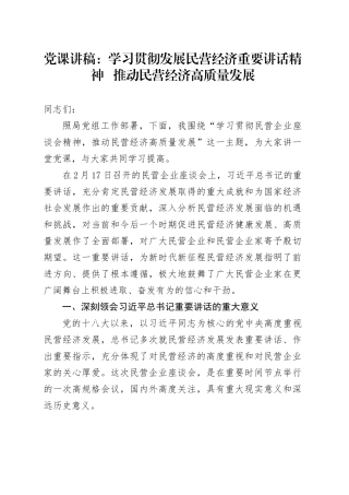 党课讲稿：学习贯彻发展民营经济重要讲话精神   推动民营经济高质量发展.docx