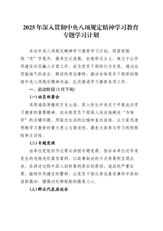 2025年深入贯彻中央八项规定精神学习教育专题学习计划.docx