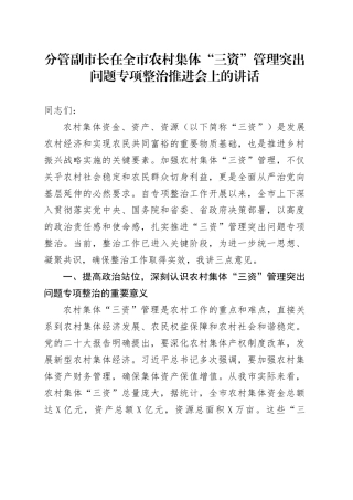 分管副市长在全市农村集体“三资”管理突出问题专项整治推进会上的讲话.docx