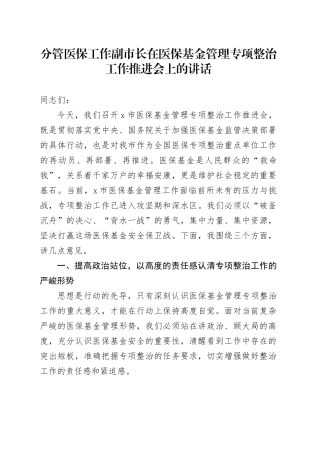 分管医保工作副市长在医保基金管理专项整治工作推进会上的讲话.docx