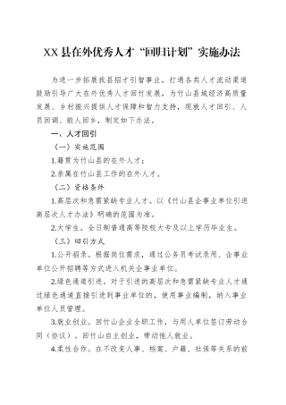 XX县在外优秀人才“回归计划”实施办法.docx
