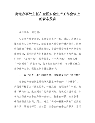 街道办事处主任在全区安全生产工作会议上的表态发言.docx
