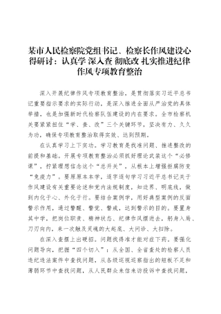 某市人民检察院党组书记、检察长作风建设心得研讨：认真学 深入查 彻底改 扎实推进纪律作风专项教育整治.docx