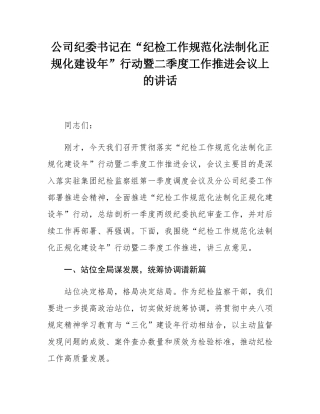 公司纪委书记在“纪检工作规范化法制化正规化建设年”行动暨二季度工作推进会议上的讲话.docx