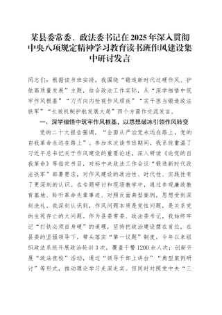 某县委常委、政法委书记在2025年深入贯彻中央八项规定精神学习教育读书班作风建设集中研讨发言20250421.docx