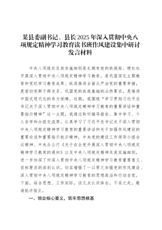 某县委副书记、县长2025年深入贯彻中央八项规定精神学习教育读书班作风建设集中研讨发言材料.docx