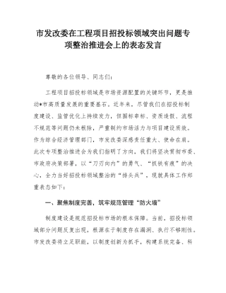 市发改委在工程项目招投标领域突出问题专项整治推进会上的表态发言.docx