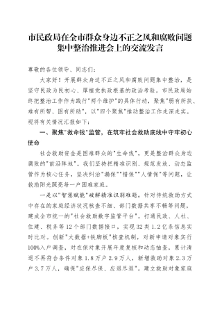 市民政局在全市群众身边不正之风和腐败问题集中整治推进会上的交流发言.docx
