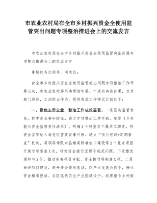 市农业农村局在全市乡村振兴资金全使用监管突出问题专项整治推进会上的交流发言.docx