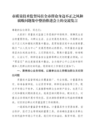 市质量技术监督局在全市群众身边不正之风和腐败问题集中整治推进会上的交流发言.docx