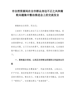 市自然资源局在全市群众身边不正之风和腐败问题集中整治推进会上的交流发言.docx