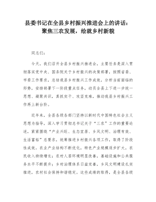 县委书记在全县乡村振兴推进会上的讲话：聚焦三农发展，绘就乡村新貌.docx