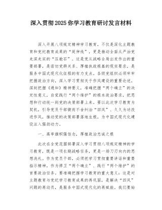 深入贯彻2025你学习教育研讨发言材料.docx