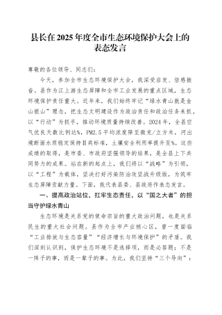 县长在2025年度全市生态环境保护大会上的表态发言.docx