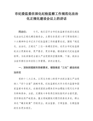 市纪委监委在深化纪检监察工作规范化法治化正规化建设会议上的讲话.docx