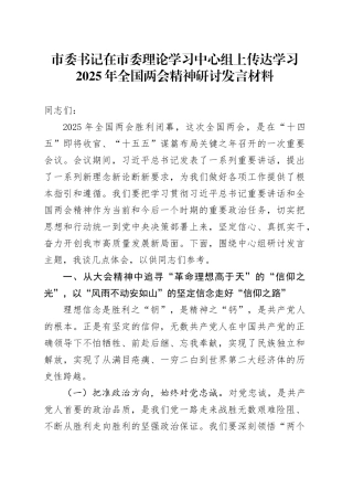 市委书记在市委理论学习中心组上传达学习2025年全国两会精神研讨发言材料.docx