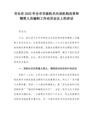 市长在2025年全市市级机关内设机构改革和精简人员编制工作动员会议上的讲话.docx