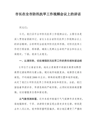 市长在全市防汛抗旱工作视频会议上的讲话.docx