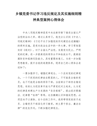 乡镇党委书记学习违反规定及其实施细则精神典型案例心得体会.docx