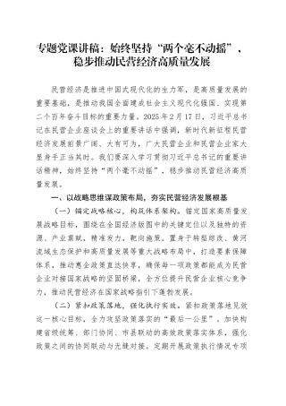 专题党课讲稿：始终坚持“两个毫不动摇”，稳步推动民营经济高质量发展.docx
