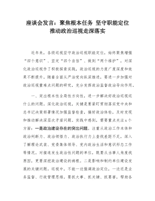 座谈会发言：聚焦根本任务 坚守职能定位 推动政治巡视走深落实.docx