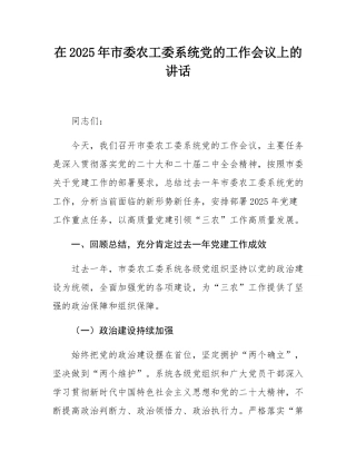 在2025年市委农工委系统党的工作会议上的讲话.docx