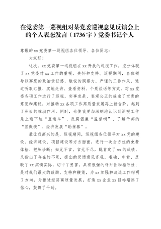 在党委第一巡视组对某党委巡视意见反馈会上的个人表态发言（1736字）党委书记个人.docx